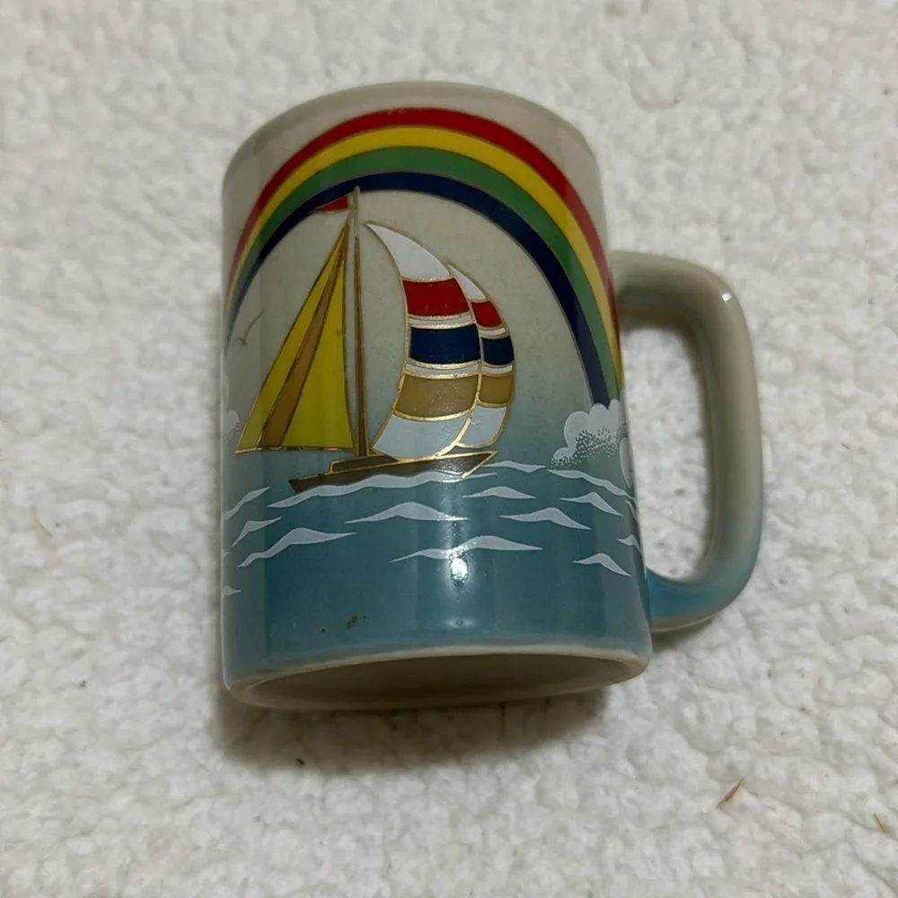 Vintage Otagiri Japan Coffee Tea Mug Colorful Rainbow with Sailboat